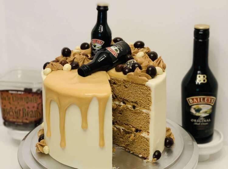 Coffee and Bailey's Cake - topped with espresso frosting and a Bailey's white chocolate drip