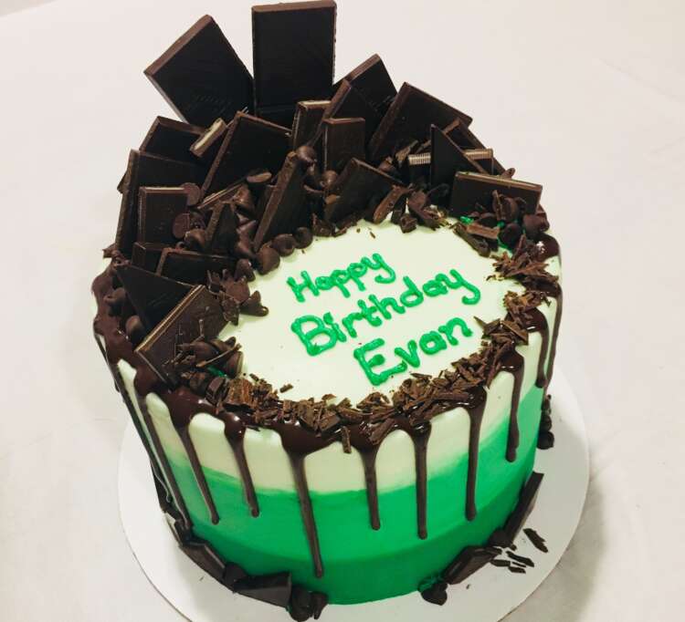 Grasshopper Ombre Cake - topped with Andes mines, chocolate shavings, and a ganache drip