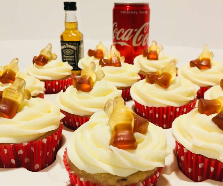 Jack and Coke Cupcakes; topped with Jack Daniels frosting and Coke bottle gummies