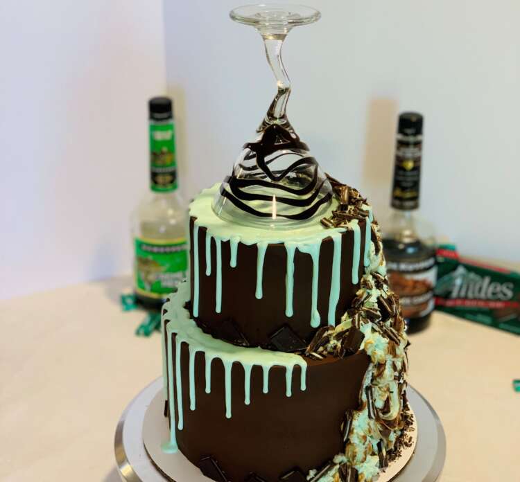 Grasshopper Martini Cake - two tiered chocolate mint cake topped with a martini glass
