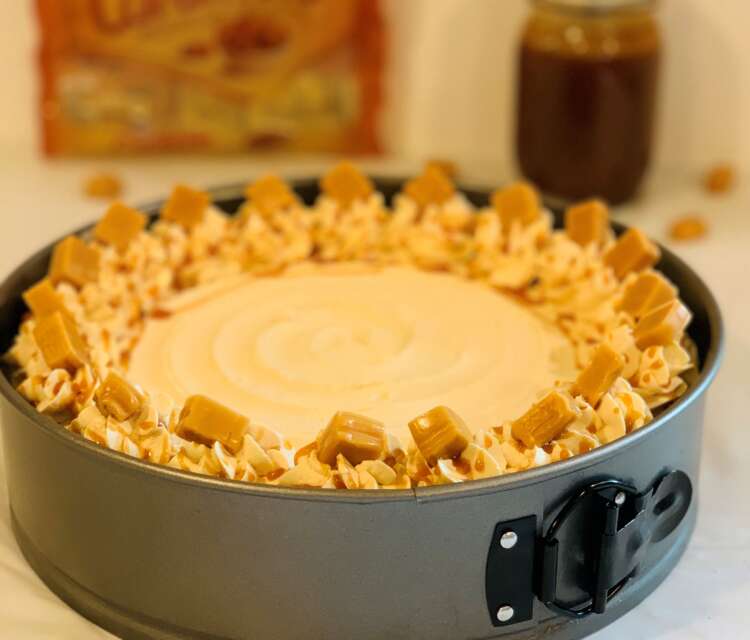 Salted Caramel Cheesecake (topped with meringue buttercream and caramel squares)