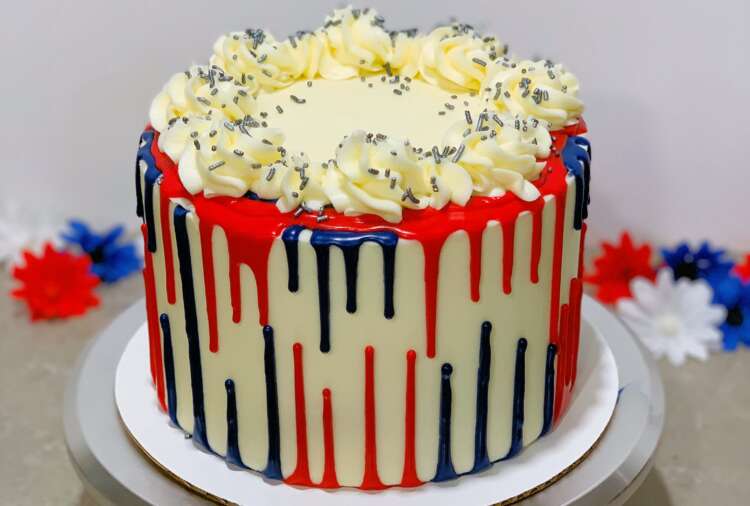 Red, White, and blue Upside Down Drip Cake