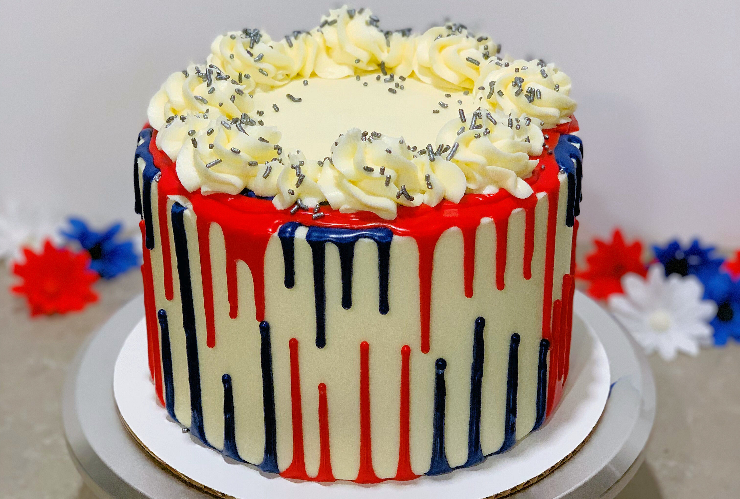 Red, White, and blue Upside Down Drip Cake