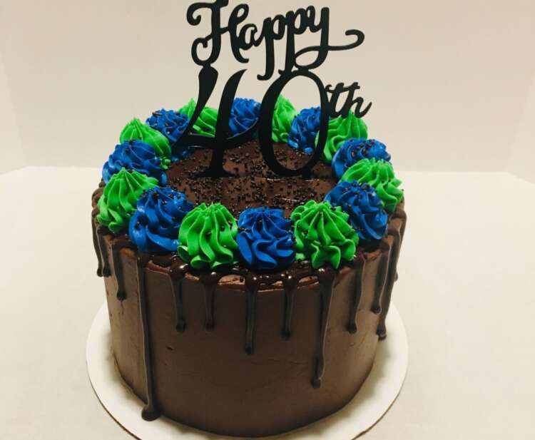 Chocolate 40th Birthday Drip Cake (chocolate cake, blue and lime green frosting)