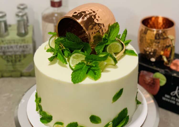 Moscow Mule Cake (topped with a Moscow Mule mug, lime twists, and mint leaves)