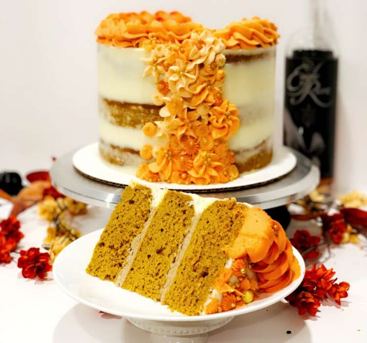 Pumpkin Maple Bourbon Cake (semi-naked cake, orange decorations)