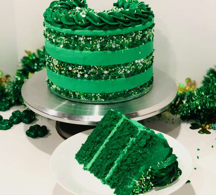 Green Sprinkle Stripe Cake (cut slice)