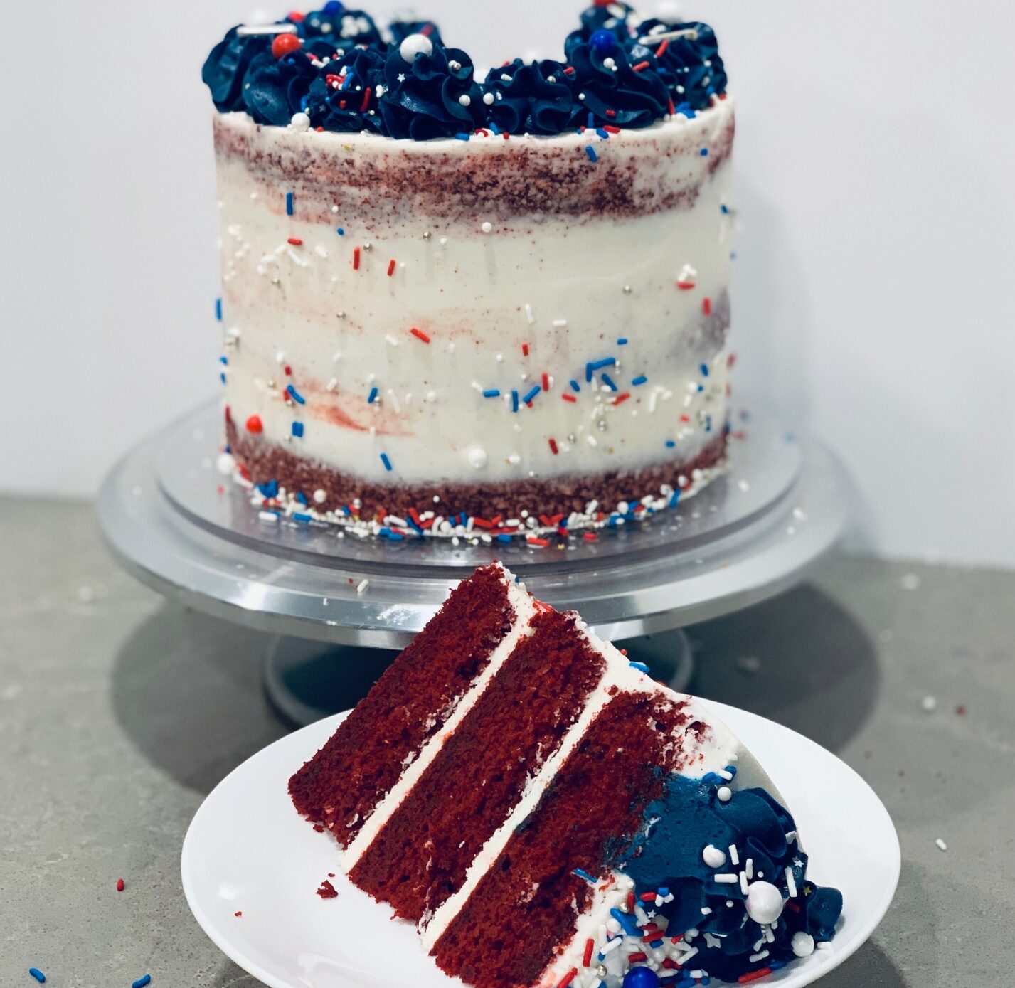 Red Velvet White and Blue Cake