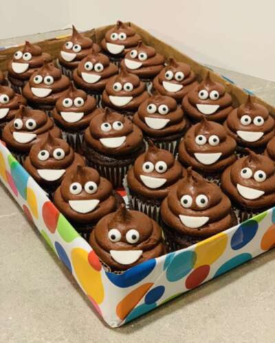 Poo Emoji Cupcakes - chocolate cupcakes with chocolate frosting decorated to look like the poo emoji