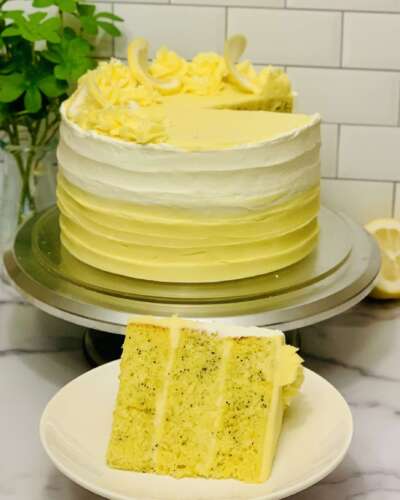 Lemon Poppyseed Sourdough Discard cake Lemon Poppyseed Sourdough Discard cake photo: slice cut from cake in foreground with remainder of cake in background
